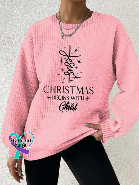 Women’s Christmas Begins With Jesus Print Button Back Casual Knitted Shirt Pink / S
