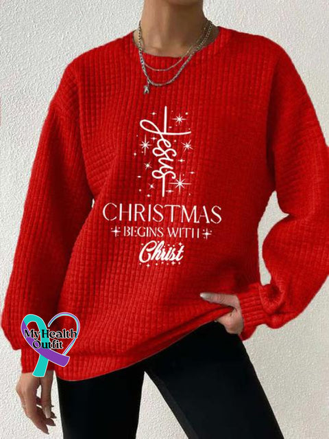 Women’s Christmas Begins With Jesus Print Button Back Casual Knitted Shirt Red / S
