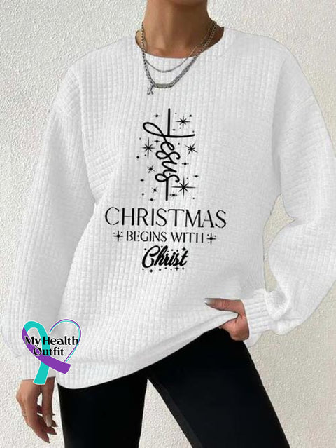 Women’s Christmas Begins With Jesus Print Button Back Casual Knitted Shirt White / S