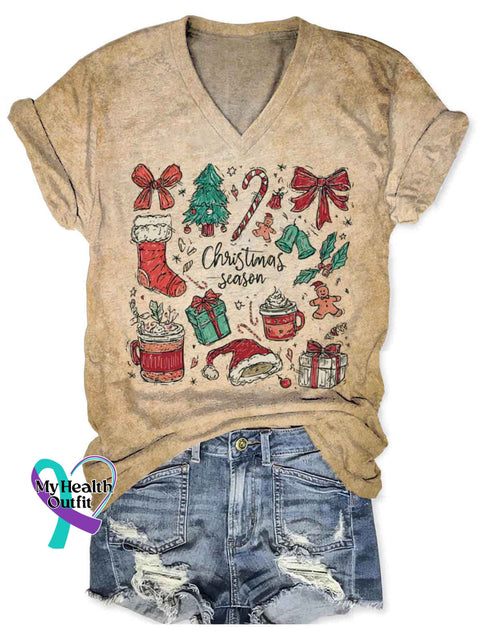 Women’s Christmas Bow Art V-neck Casual T-Shirt Apricot / S