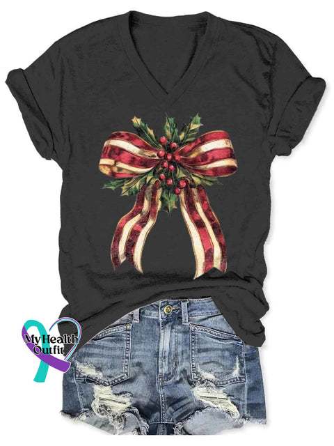 Women’s Christmas Bow Art V-neck Casual T-Shirt Black / S