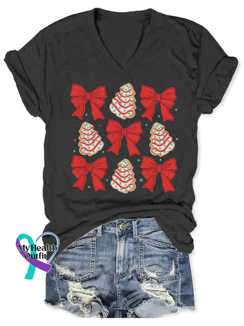 Women’s Christmas Bow Art V-neck Casual T-Shirt Black / S