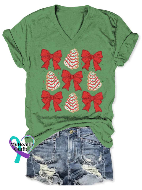 Women’s Christmas Bow Art V-neck Casual T-Shirt Green / S