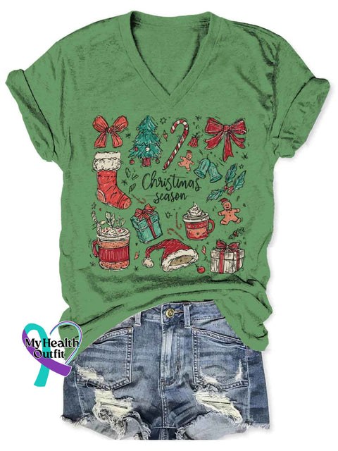 Women’s Christmas Bow Art V-neck Casual T-Shirt Green / S