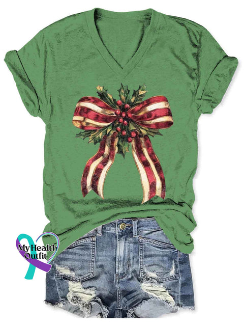 Women’s Christmas Bow Art V-neck Casual T-Shirt Green / S
