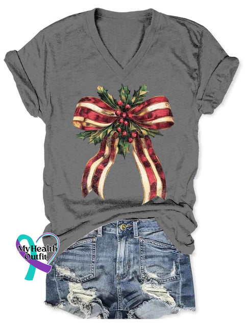 Women’s Christmas Bow Art V-neck Casual T-Shirt Grey / S