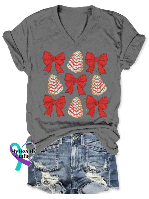 Women’s Christmas Bow Art V-neck Casual T-Shirt Grey / S