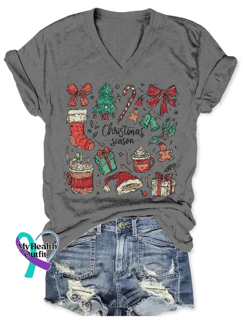 Women’s Christmas Bow Art V-neck Casual T-Shirt Grey / S
