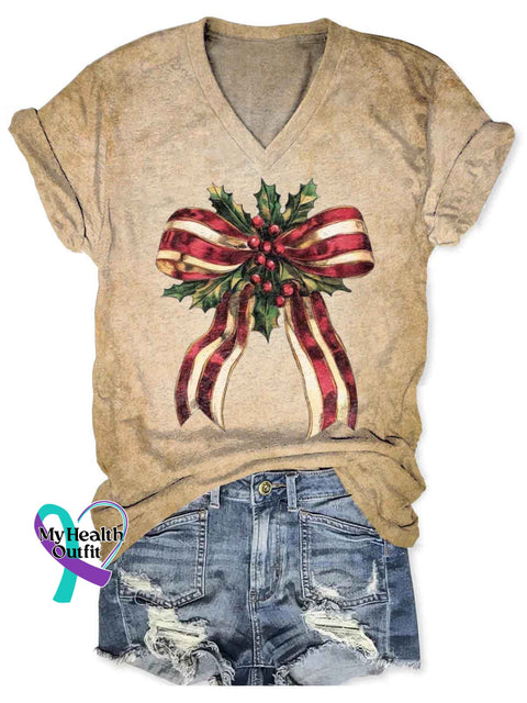 Women’s Christmas Bow Art V-neck Casual T-Shirt Khaki / S