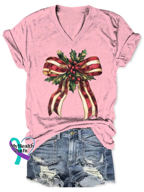 Women’s Christmas Bow Art V-neck Casual T-Shirt Pink / S