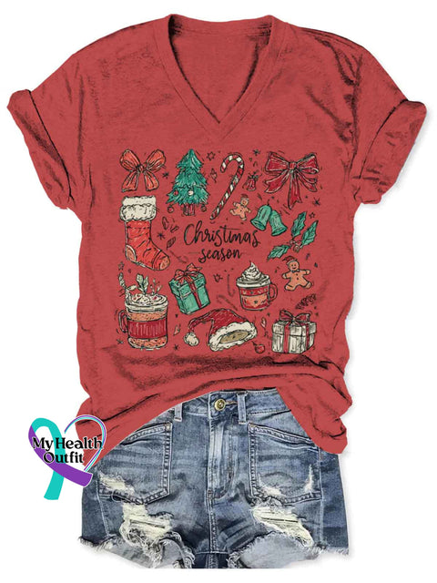 Women’s Christmas Bow Art V-neck Casual T-Shirt Red / S