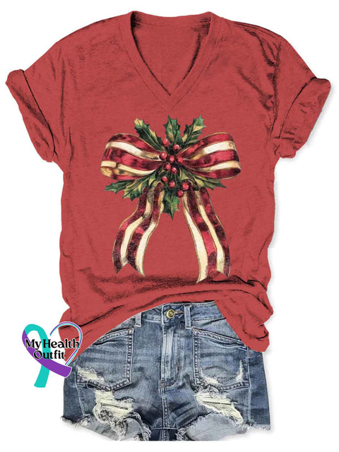 Women’s Christmas Bow Art V-neck Casual T-Shirt Red / S