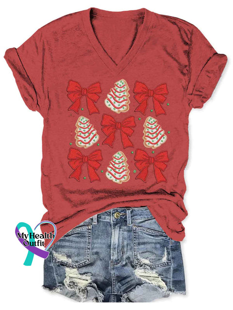 Women’s Christmas Bow Art V-neck Casual T-Shirt Red / S