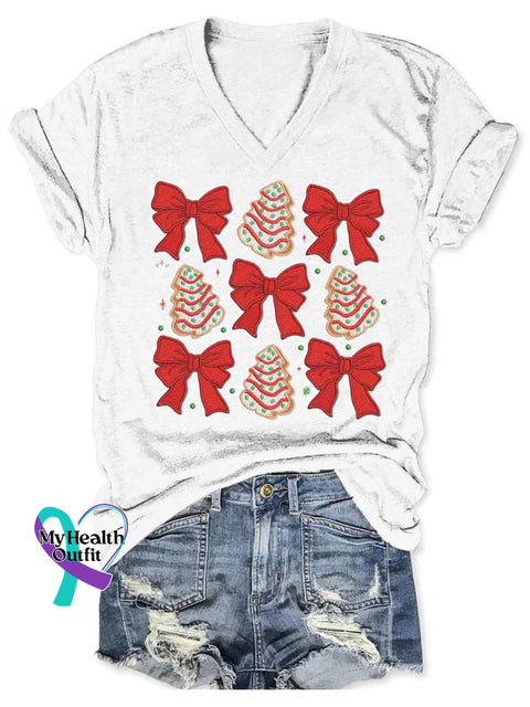 Women’s Christmas Bow Art V-neck Casual T-Shirt White / S