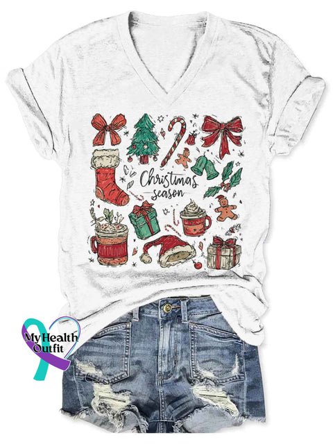 Women’s Christmas Bow Art V-neck Casual T-Shirt White / S