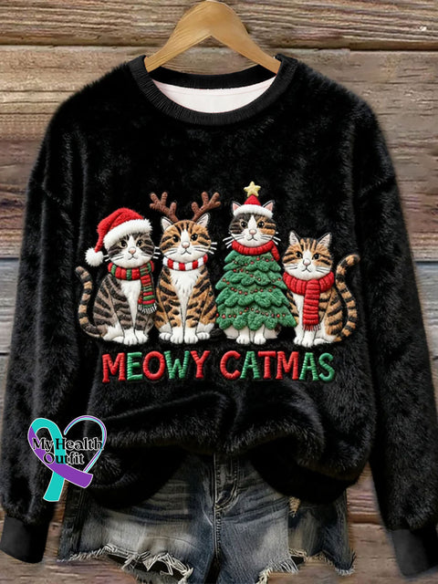 Women’s Christmas Cat Art Flannel Sweatshirt Black / S