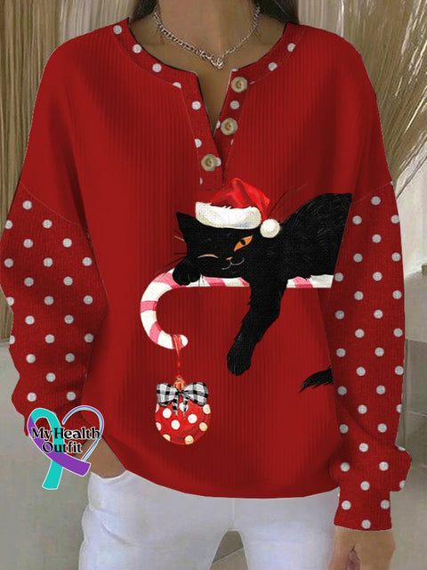 Women’s Christmas Cat Print Casual Sweatshirt Red / S