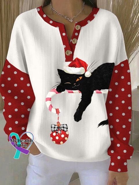 Women’s Christmas Cat Print Casual Sweatshirt White / S