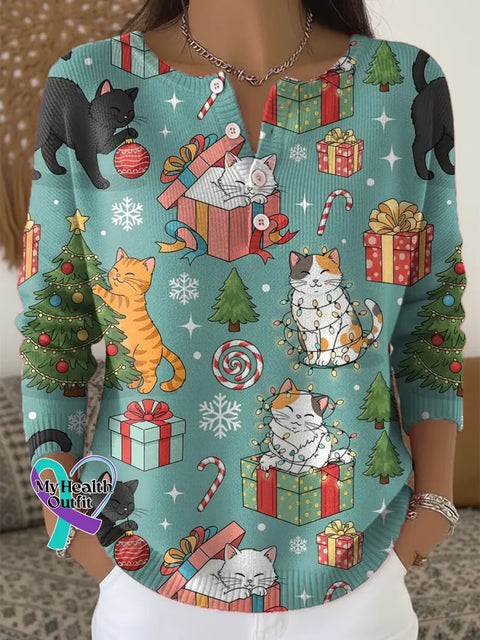 Women’s Christmas Cats Pattern Art Print Casual Cardigan Sweater Blue / S
