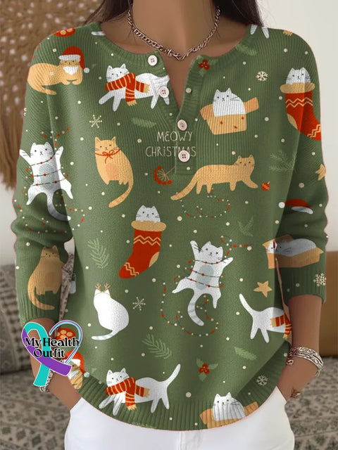 Women’s Christmas Cats Pattern Art Print Casual Cardigan Sweater Green / S