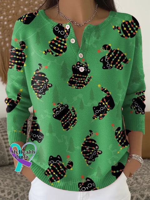 Women’s Christmas Cats Pattern Art Print Casual Cardigan Sweater Green / S