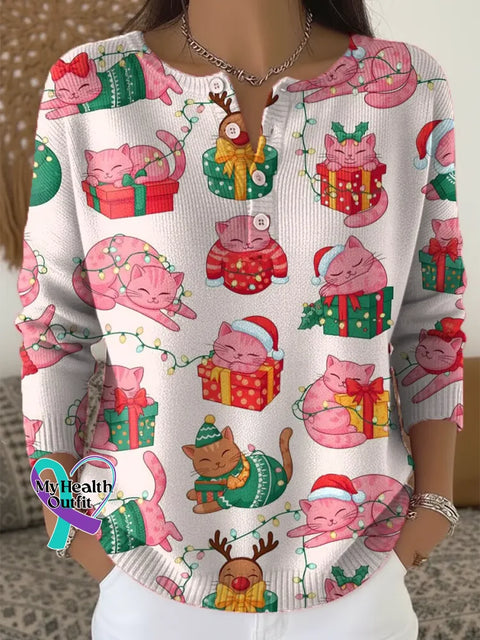 Women’s Christmas Cats Pattern Art Print Casual Cardigan Sweater Pink / S