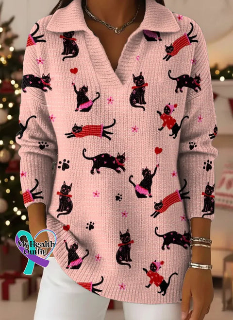 Women’s Christmas Cats Pattern Art Print Casual Cotton Sweater Pink / S
