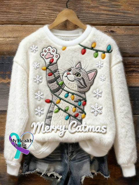 Women’s Christmas Cute Cat Print Casual Plush Sweatshirt Creamy-White / S