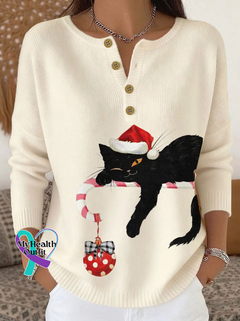 Women’s Christmas Cute Cat Print Knit Button Top Beige / S