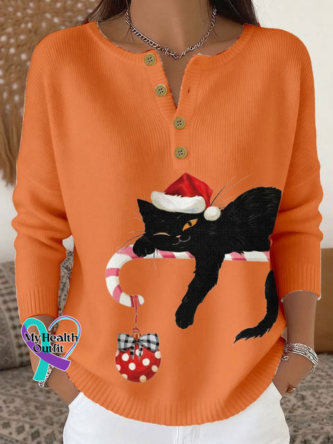 Women’s Christmas Cute Cat Print Knit Button Top Orange / S