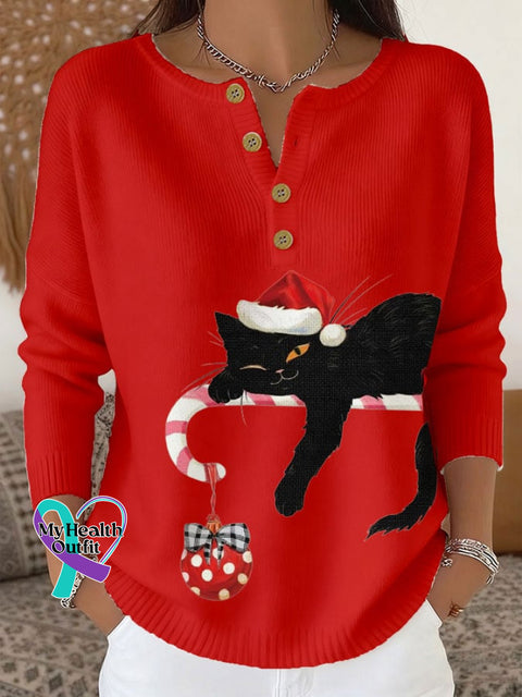 Women’s Christmas Cute Cat Print Knit Button Top Red / S