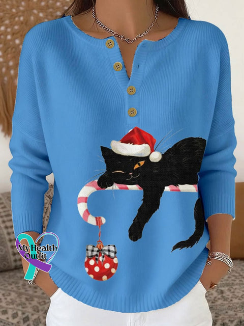 Women’s Christmas Cute Cat Print Knit Button Top Sky Blue / S