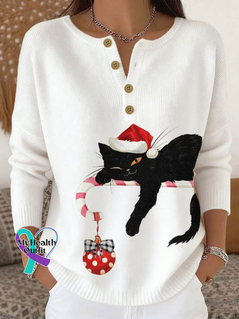 Women’s Christmas Cute Cat Print Knit Button Top White / S