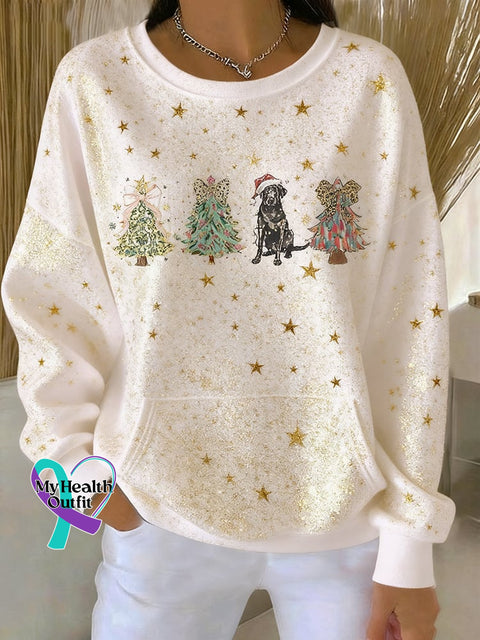 Women’s Christmas Cute Dog Print Crew Neck Top Apricot / S