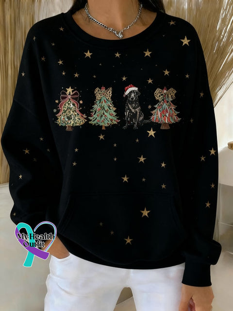 Women’s Christmas Cute Dog Print Crew Neck Top Black / S