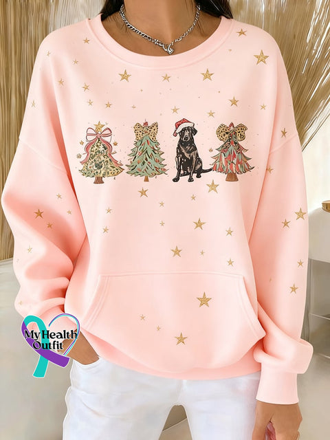 Women’s Christmas Cute Dog Print Crew Neck Top Pink / S