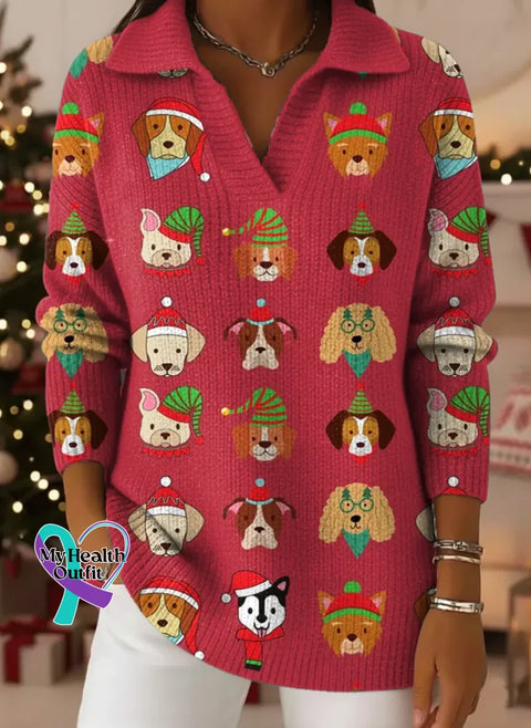 Women’s Christmas Dogs Pattern Art Print Casual Cotton Sweater Red / S