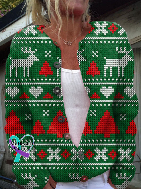 Women’s Christmas Elk Snowflake Art Print Button Cardigan Sweater Multicolor / S