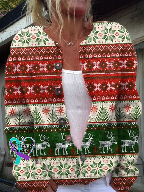 Women’s Christmas Elk Snowflake Art Print Button Cardigan Sweater Multicolor / S