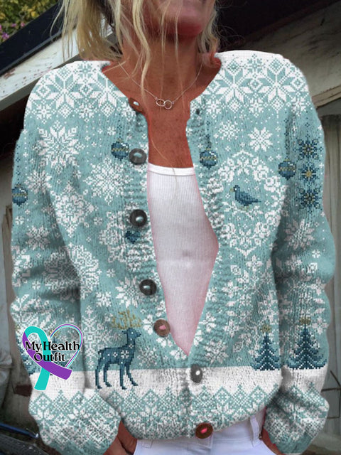 Women’s Christmas Elk Snowflake Art Print Button Cardigan Sweater Multicolor / S