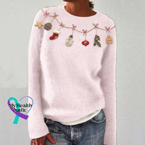 Women’s Christmas Embroidery Art Crew Neck Cozy Sweater Pink / S