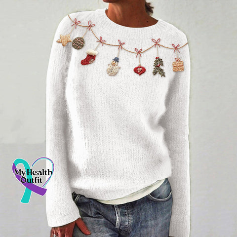 Women’s Christmas Embroidery Art Crew Neck Cozy Sweater White / S