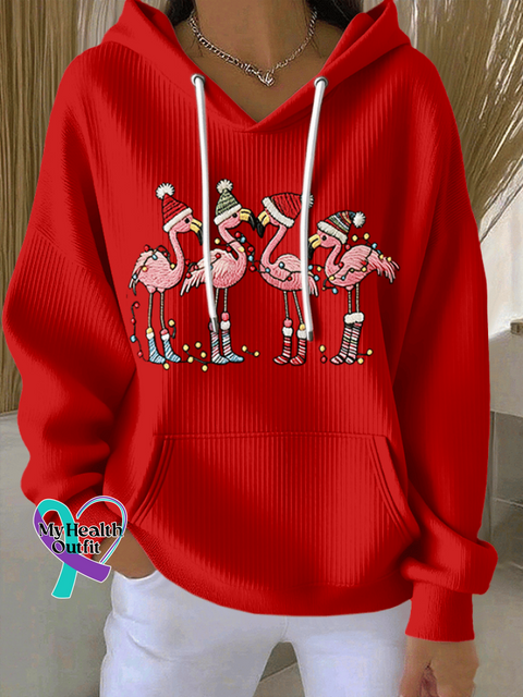 Women’s Christmas Flamingo Print Casual Hooded Sweatshirt Red / S