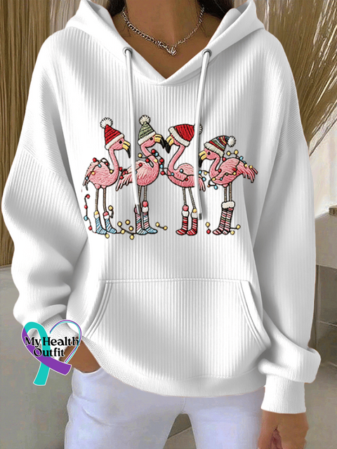 Women’s Christmas Flamingo Print Casual Hooded Sweatshirt White / S