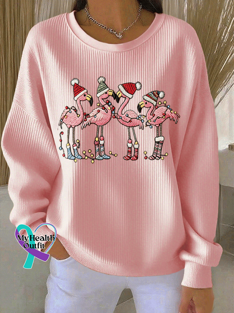 Women’s Christmas Flamingo Print Knitted Crew Neck Long Sleeve Top Pink / S