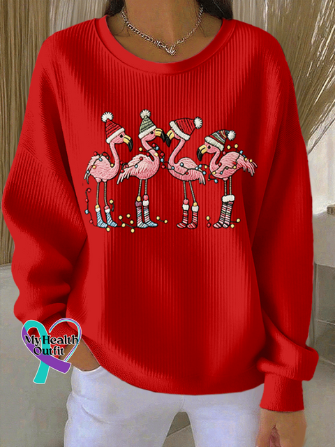 Women’s Christmas Flamingo Print Knitted Crew Neck Long Sleeve Top Red / S