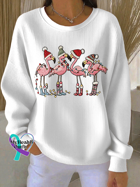 Women’s Christmas Flamingo Print Knitted Crew Neck Long Sleeve Top White / S