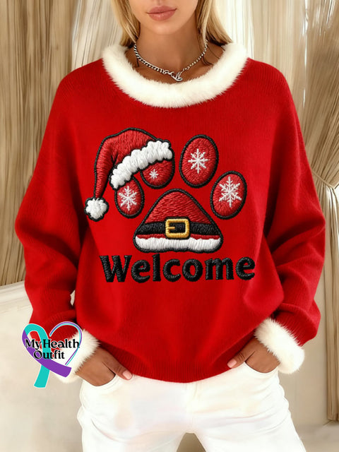 Women’s Christmas Fun Animal Paw Print Fur Collar Sweater Picture 1 / S