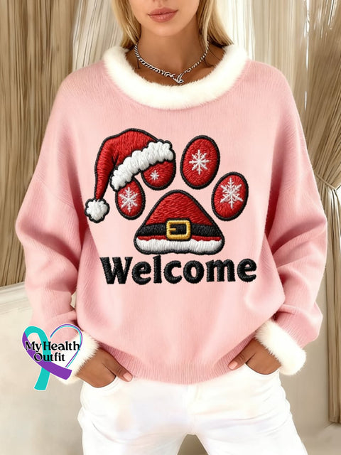 Women’s Christmas Fun Animal Paw Print Fur Collar Sweater Picture 2 / S