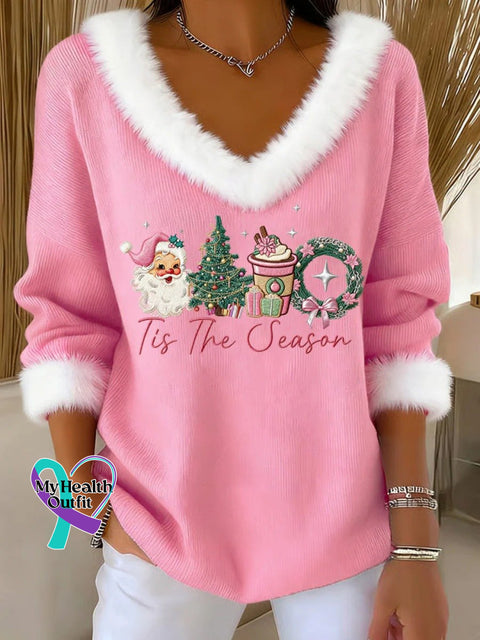 Women’s Christmas fur collar top Pink / S